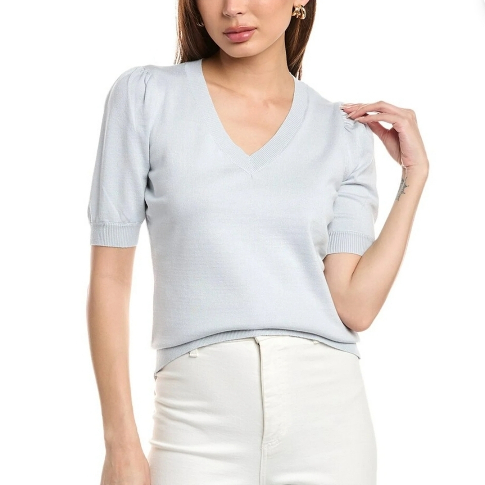 Tahari Pale Blue Puff Sleeve V-Neck Sweater Top NWT | Size Medium